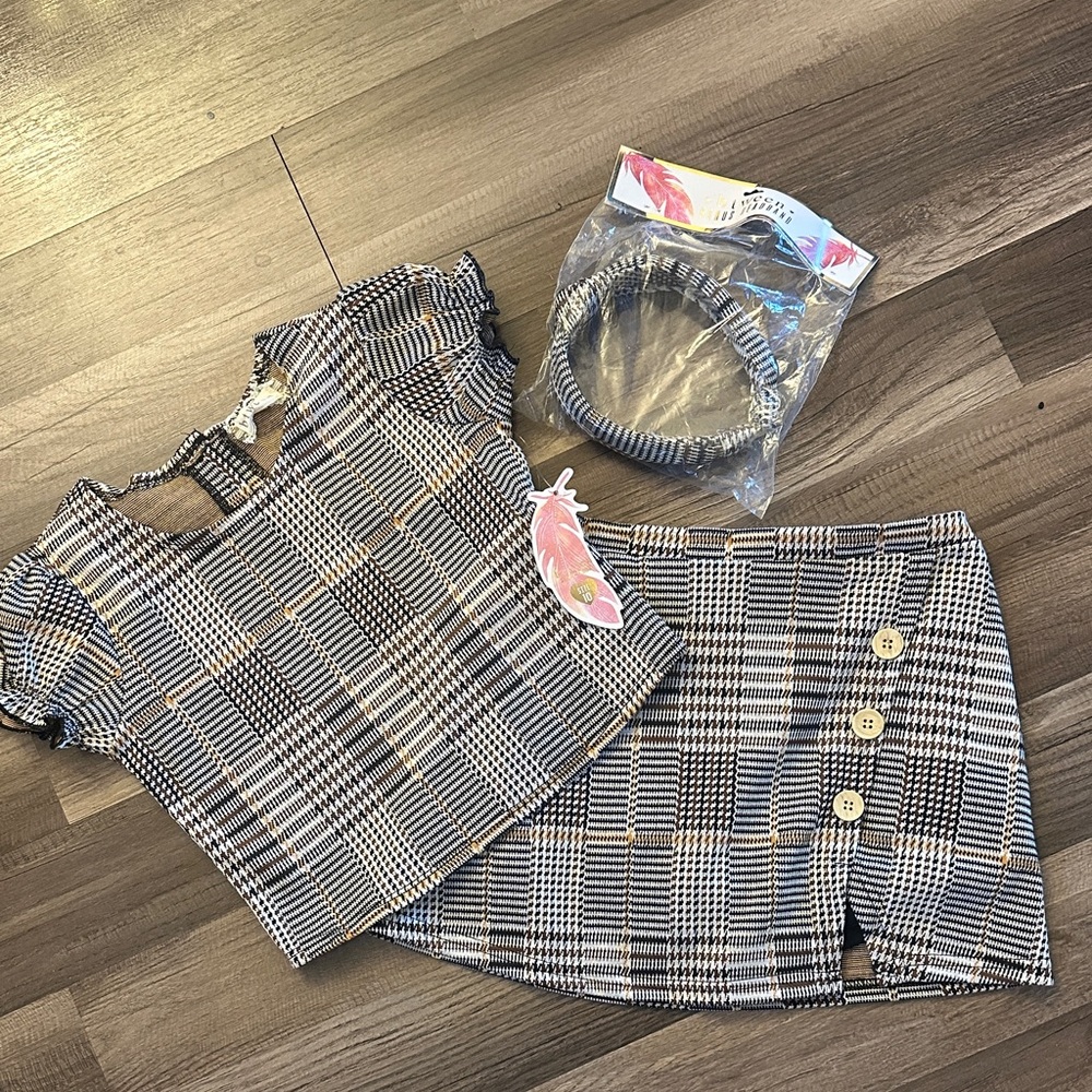 Plaid Top and Skirt Set with Headband